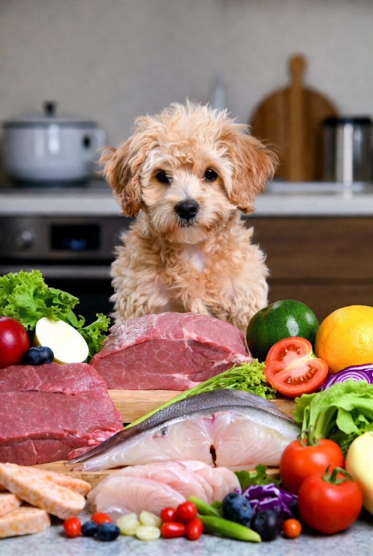 A cute light-brown curly-haired puppy sits attentively behind a large assortment of fresh raw ingredients on a kitchen counter, including raw red meat, fish fillets, tomatoes, lettuce, blueberries, avocado, and other vegetables and fruits.