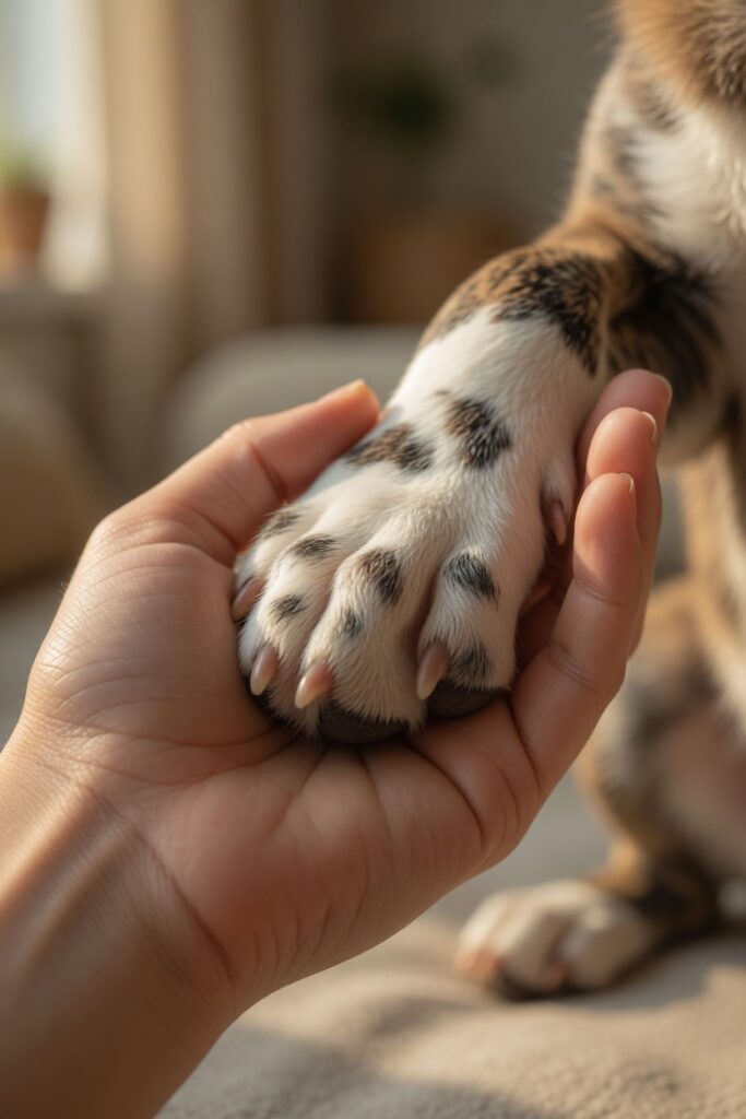 Close-up of a person’s hand lovingly cradling a dog’s paw, highlighting the soft short white fur and dark spots, in warm natural light.
