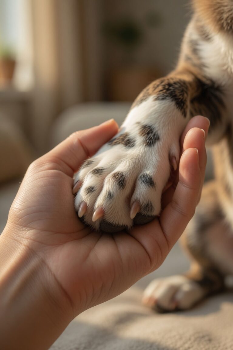 Close-up of a person’s hand lovingly cradling a dog’s paw, highlighting the soft short white fur and dark spots, in warm natural light.