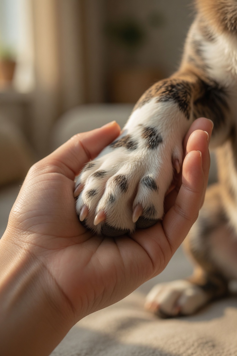Close-up of a person’s hand lovingly cradling a dog’s paw, highlighting the soft short white fur and dark spots, in warm natural light.
