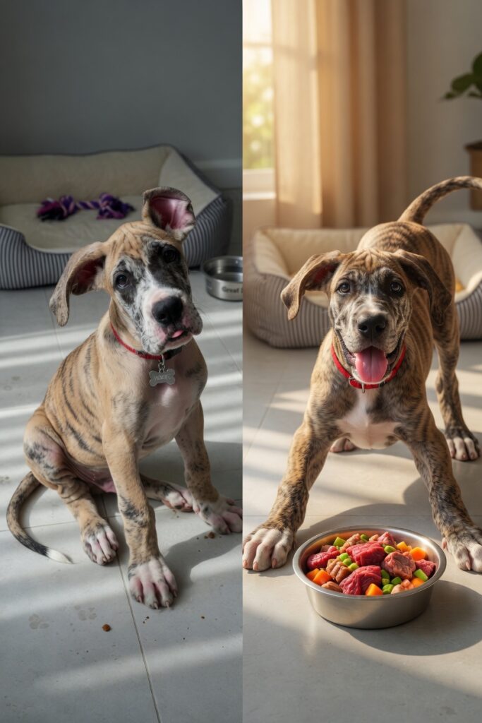 Side-by-side comparison of a young brindle Great Dane dog. On the left, a grey room with dirty tiled floor; the dog sits calmly looking up, sad, wearing a red collar. On the right, a bright clean room with sun shining through the back window, the same dog is in a playful bow position with tongue out, excitedly standing over a stainless steel bowl filled with raw meat and vegetables.