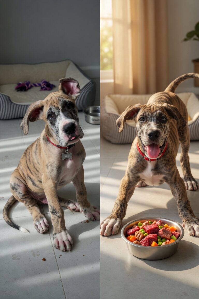 Side-by-side comparison of a young brindle Great Dane dog. On the left, a grey room with dirty tiled floor; the dog sits calmly looking up, sad, wearing a red collar. On the right, a bright clean room with sun shining through the back window, the same dog is in a playful bow position with tongue out, excitedly standing over a stainless steel bowl filled with raw meat and vegetables.
