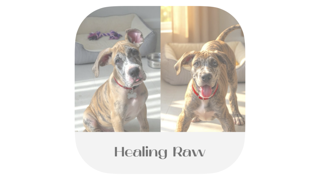 Side-by-side comparison of a young brindle Great Dane dog. On the left, a grey room with dirty tiled floor; the dog sits calmly looking up, sad, wearing a red collar. On the right, a bright clean room with sun shining through the back window, the same dog is in a playful bow position with tongue out, excitedly standing over a stainless steel bowl filled with raw meat and vegetables. The image has rounded corners with the text 'Healing Raw' displayed at the bottom.