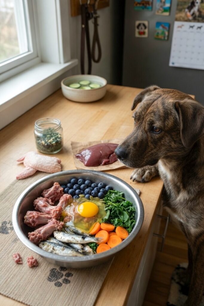A brindle dog sits at a wooden kitchen counter in front of a window, intently staring at a large stainless steel bowl filled with raw dog food ingredients including chicken wings, sardines, blueberries, carrots, leafy greens, and a raw egg. More raw ingredients like liver, chicken thighs and herbs are arranged nearby on the wooden counter top.