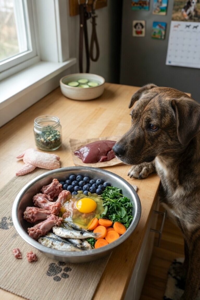 A brindle dog sits at a wooden kitchen counter in front of a window, intently staring at a large stainless steel bowl filled with raw dog food ingredients including chicken wings, sardines, blueberries, carrots, leafy greens, and a raw egg. More raw ingredients like liver, chicken thighs and herbs are arranged nearby on the wooden counter top.