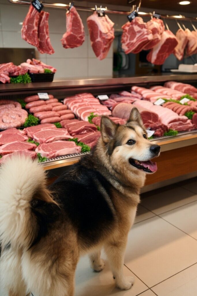A smiling large, fluffy dog that looks like a husky with German Shepard colours, is standing in front of a butcher's counter displaying various cuts of raw meat.