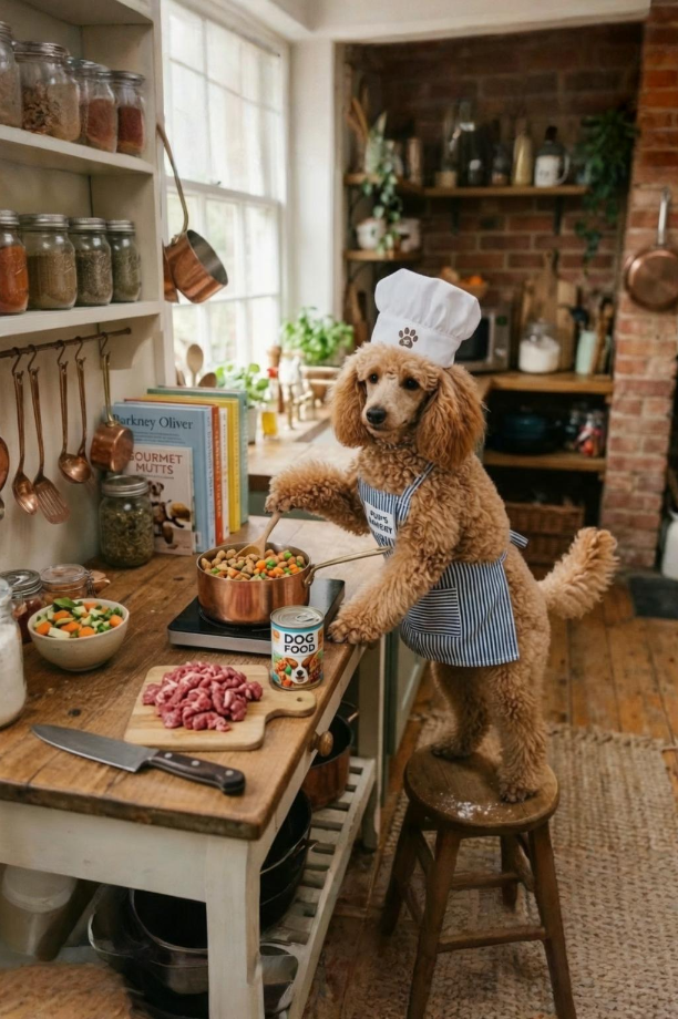 image of a poodle wearing a chef's hat and striped apron, standing on a stool and stirring a pot of kibble on a rustic kitchen counter