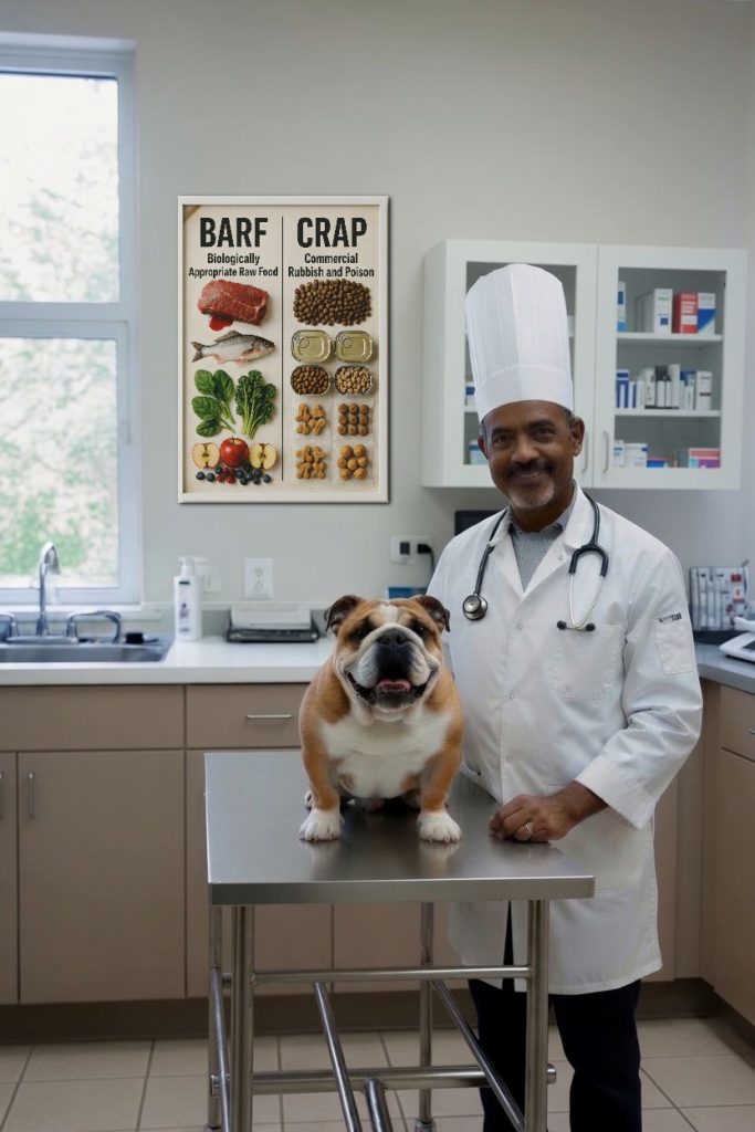 Vet in a white coat, white chef cap and stethoscope standing beside a bulldog on an exam table in a veterinary clinic, with a poster on the wall comparing "BARF: Biologically Appropriate Raw Food" (raw meat, fish, vegetables, fruit) to "CRAP: Commercial Rubbish and Poison" (kibble and canned pet food).