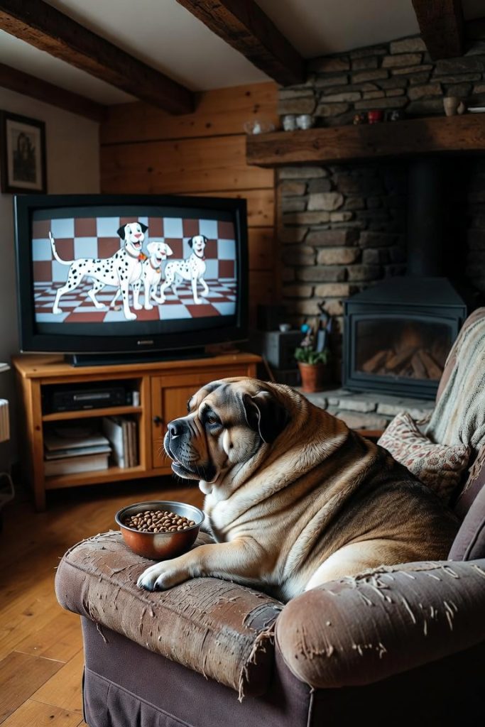 Wrinkly overweight dog lying on a worn armchair with a full bowl of kibble, watching television in a cozy cabin living room.