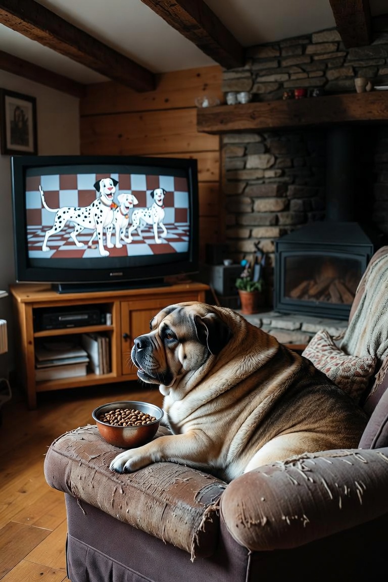 Wrinkly overweight dog lying on a worn armchair with a full bowl of kibble, watching television in a cozy cabin living room.