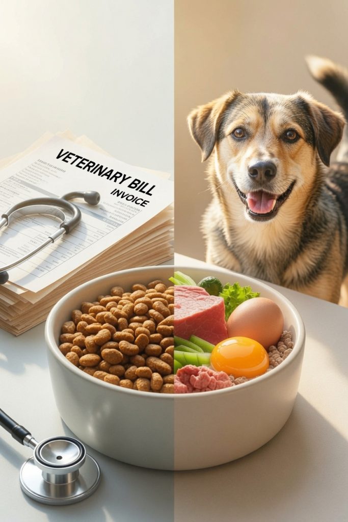 A split-image comparison showing dry kibble on the dull left side beside a veterinary bill and stethoscope, next to fresh raw BARF ingredients — meat, egg, vegetables — on the warm right side beside a happy, healthy dog looking at the camera.
