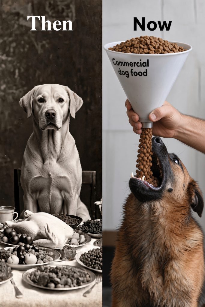 Split image contrasting a vintage sepia-toned dog sitting at a table of whole natural foods labeled "Then," with a modern German Shepherd being force-fed kibble through a large funnel labeled "Commercial dog food," labeled "Now."