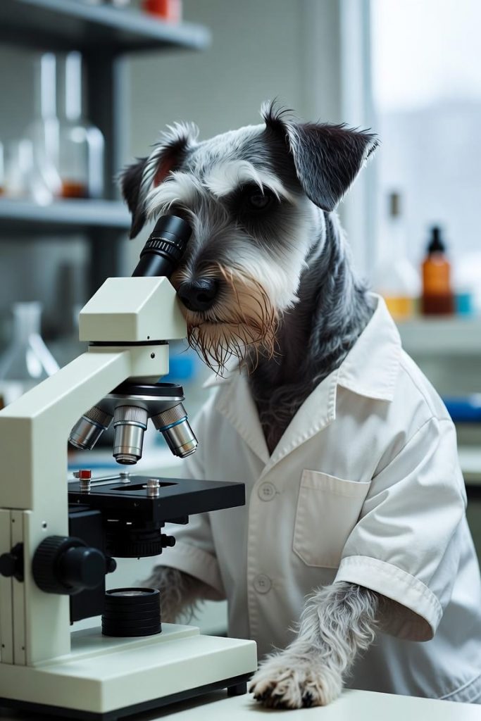 A Miniature Schnauzer dog dressed as a scientist in a laboratory environment. The dog is wearing a white lab coat and has one eye pressed against the eyepiece of a modern light microscope, appearing to look through it. The setting includes a blurry background featuring laboratory shelves, glass beakers, and chemical bottles, creating a professional scientific atmosphere.