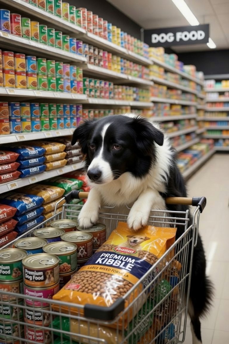 Is Tinned dog food healthy? A black and white Border Collie stands on its hind legs against a shopping cart in a pet store aisle, surrounded by shelves of canned and bagged dog food, with a bag of premium kibble and canned food in the cart.