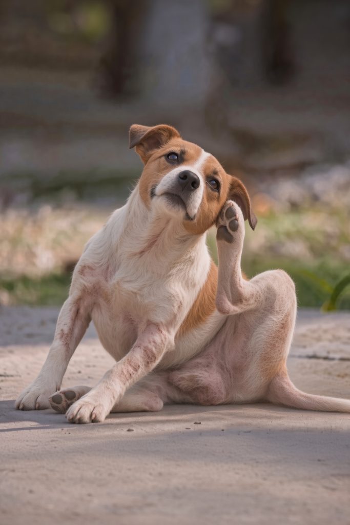 Brown and white dog sitting outdoors, scratching its ear with a hind paw, with visible skin irritation on its belly and legs.