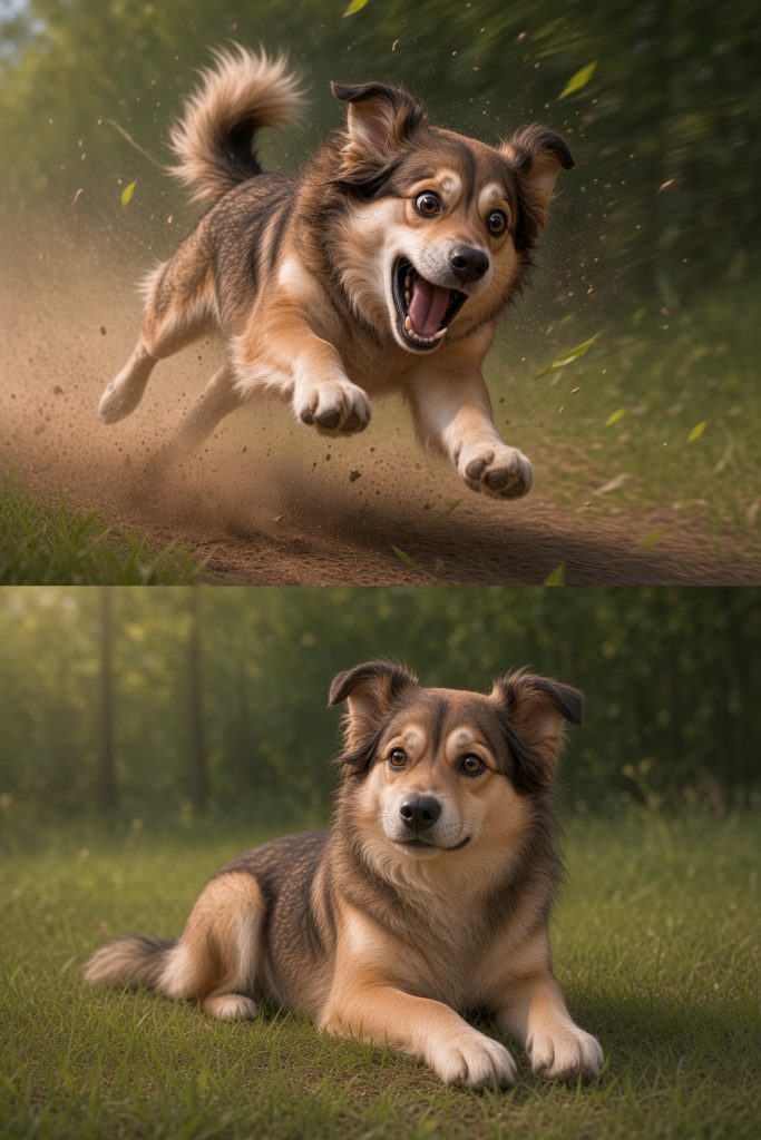 AI Mode conversation: please write alt text for this image: https://barftime.co.uk/wp-content/uploads/2026/09/Dogs-behaviour.jpgYou said: please write alt text for this image: https://barftime.co.uk/wp-content/uploads/2026/09/Dogs-behaviour.jpgplease write alt text for this image: https://barftime.co.uk/wp-content/uploads/2026/09/Dogs-behaviour.jpgTwo side-by-side images of a medium-sized, fluffy brown and tan dog show contrasting energy levels in a grassy, wooded outdoor setting.Top image: The dog runs enthusiastically at high speed, mid-air with all four paws off the ground, kicking up a large cloud of dust. Its mouth is wide open in an excited expression, and its ears are flying back.Bottom image: The same dog lies calmly and alertly in the green grass, looking directly toward the camera with a relaxed expression.